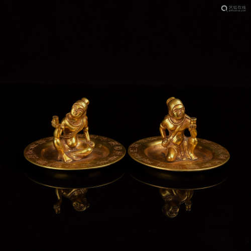 Pair of Chinese Gilt Bronze Incense Inserted of Figural Decoration