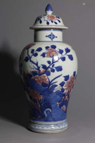 A Chinese Iron-Red Glazed Blue and White Porcelain Jar with Cover