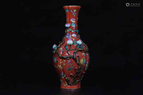 A Chinese Red Ground Famille-Rose Porcelain Vase