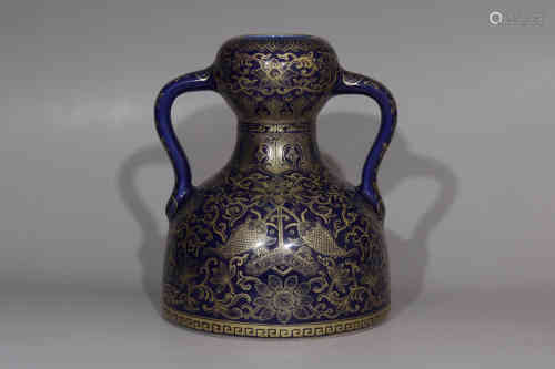 A Chinese Blue Ground Glazed Vase with Double Ears