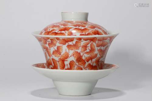 A Chinese Iron-Red Glazed Porcelain Tea Cup with Cover and Dish