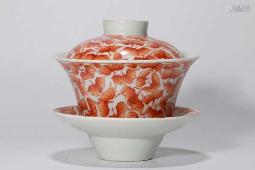 A Chinese Iron-Red Glazed Porcelain Tea Cup with Cover and Dish