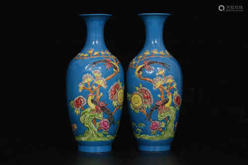 Pair of Chinese Blue Ground Glazed Porcelain Vases