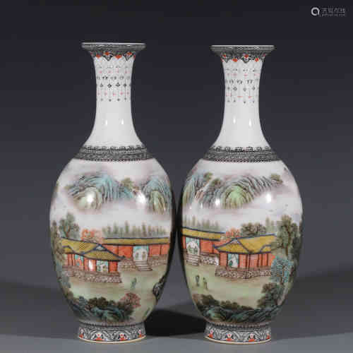Pair of Famille-Rose Porcelain Vases