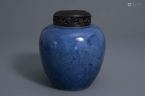 A Chinese blue ground ginger jar with two qilins, 19th/20th C.