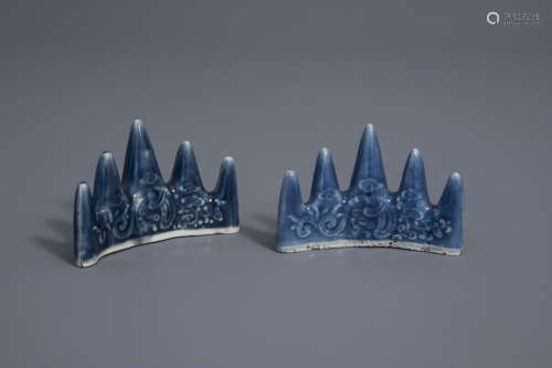 A pair of Chinese monochrome blue brush rests with underglaze design, 19th/20th C.