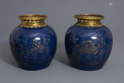 A pair of ormolu mounted Chinese gilt decorated powder blue ground jars, 19th/20th C.