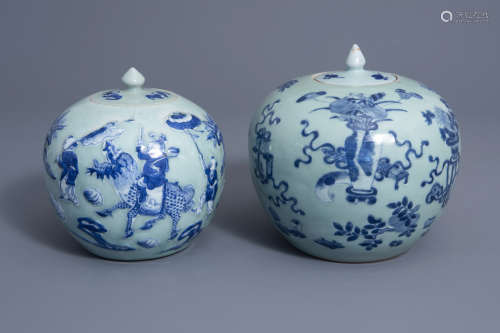 Two Chinese blue and white celadon ground jars and covers, 19th C.