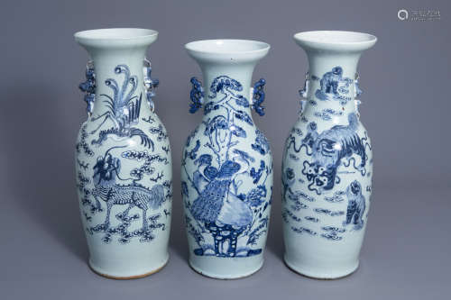 Three Chinese blue and white celadon ground vases with animals and mythical beasts, 19th C.