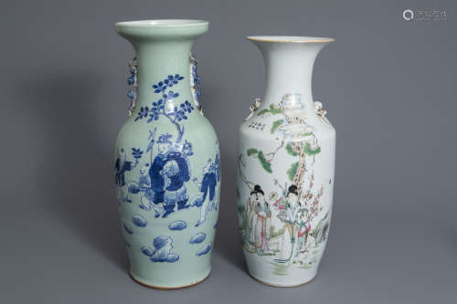 Two Chinese famille rose and blue and white on celadon ground vases, 19th/20th C.