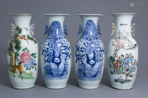 Four Chinese famille rose and blue and white vases, 19th/20th C.