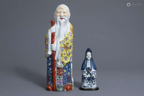 A Chinese famille rose figure of an Immortal and a blue and white Guanyin, 19th C.
