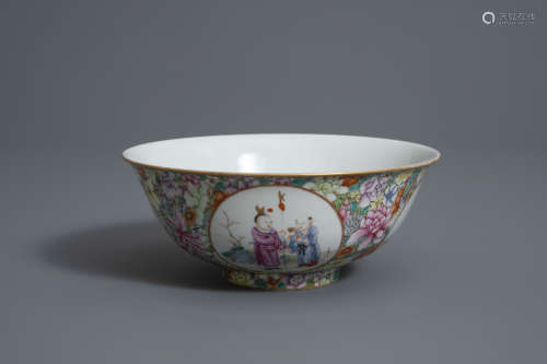 A Chinese famille rose 'millefleurs' bowl, Qianlong mark, Republic, 20th C.