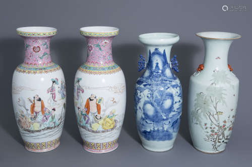 Four Chinese famille rose and blue and white vases, 19th/20th C.