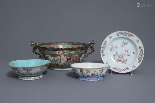 Three Chinese famille rose bowls and a plate, Qianlong and 19th C.