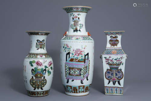 Three Chinese famille rose vases with incense burners and jardinières, 19th C.