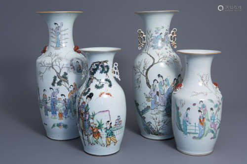Four Chinese famille rose vases with ladies in a garden, 19th/20th C.