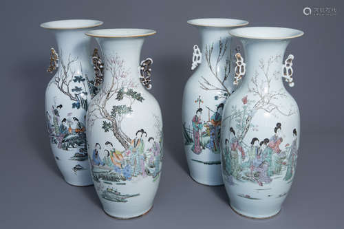 Four Chinese famille rose vases with ladies in a garden, 19th/20th C.