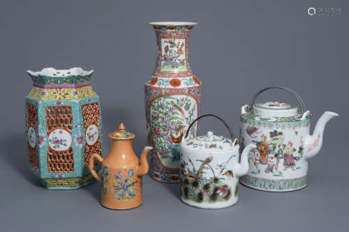 Three Chinese famille rose teapots and covers, an open worked lantern and a vase, 19th and 20th C.