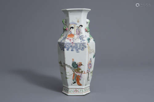 A Chinese famille rose hexagonal vase with a warrior and an immortal, 19th C.