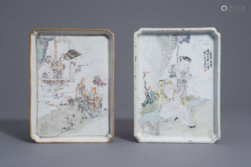 Two Chinese qianjiang cai and famille rose trays, 19th/20th C.