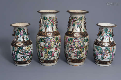Two pairs of Chinese Nanking crackle glazed famille rose vases, 19th C.