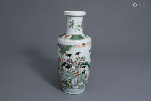 A Chinese famille verte rouleau vase with ladies in a garden, 19th C.