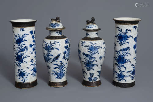 Four Chinese Nanking blue and white crackle glazed vases with birds among flowers, 19th/20th C.