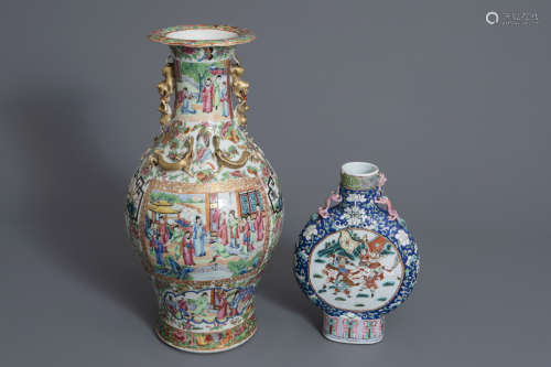 A Chinese Canton famille rose vase and a moonflask vase with warriors, 19th C.