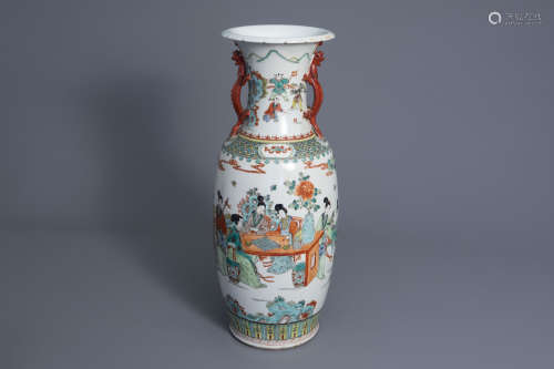 A Chinese famille verte vase with ladies in a garden, 20th C.