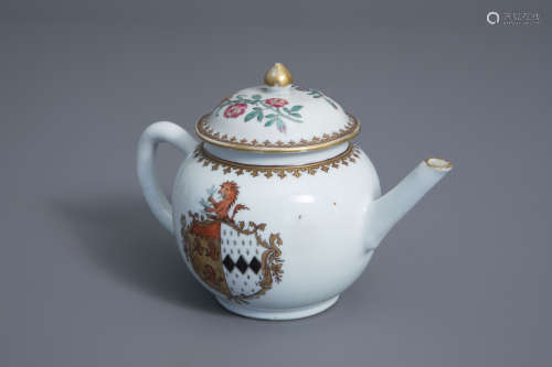 A Chinese famille rose English market 'Fisher impaling Pigot' armorial teapot, Qianlong