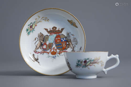 A Chinese famille rose Dutch market 'Van Scholten' en 'Wesele' armorial cup and saucer, Qianlong