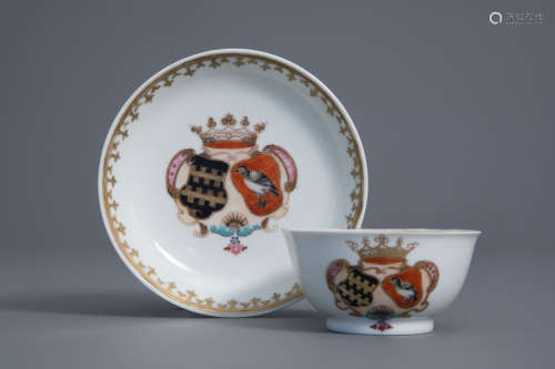 A Chinese famille rose Dutch market 'Van Slingelandt' and 'Van Overschie' armorial cup and saucer, Qianlong