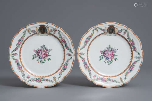 A pair of Chinese famille rose French market 'Taillefer de Roussille' armorial plates, Qianlong
