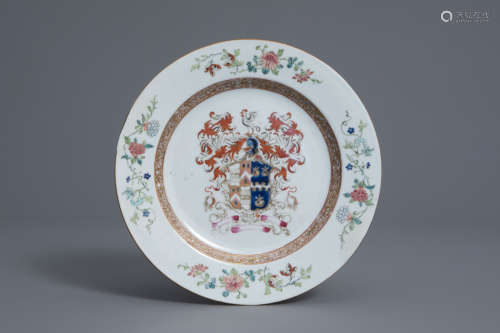 A Chinese famille rose English market 'Baker quartering Cholmley' armorial plate, Qianlong