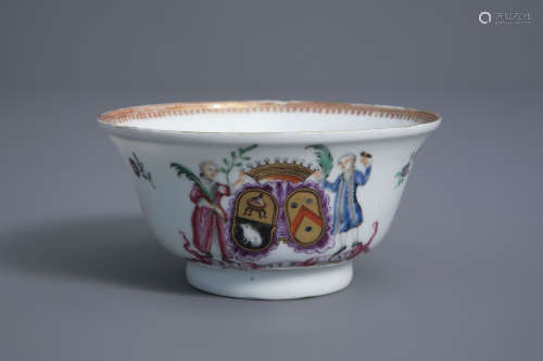 A Chinese famille rose Dutch market 'Bal' and 'Cats' armorial bowl, dated 1779, Qianlong