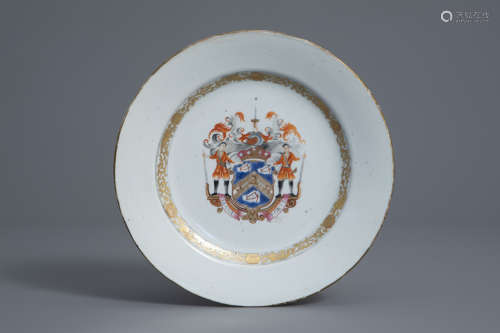 A Chinese famille rose English market 'Mackay' (Manu Forti) armorial plate, Qianlong