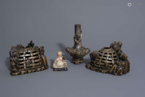 Four Chinese carved soapstone sculptures, 19th/20th C.