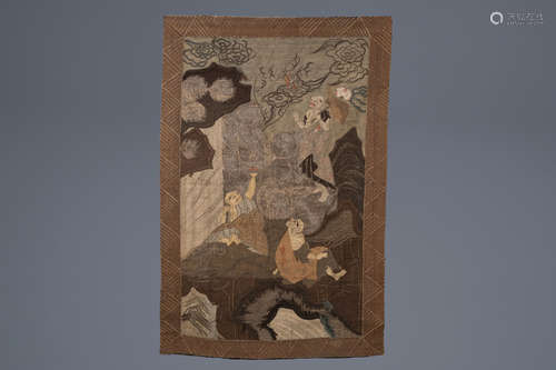 A Japanese embroidered silk tapestry with archons, Meiji