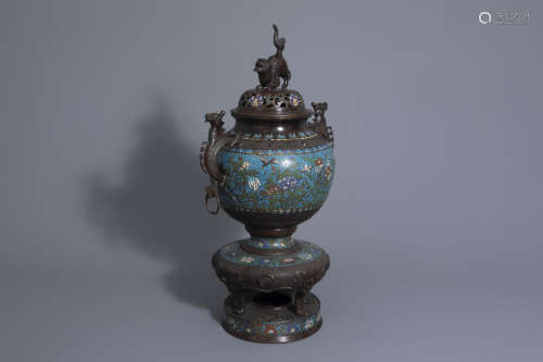 A Japanese champlevé enamel and bronze incense burner, Meiji, 19th C.