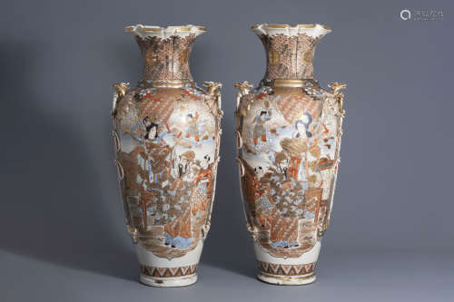 A pair of massive Japanese Satsuma vases with figural design, Meiji, 19th C.