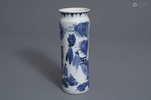 A Japanese blue and white sleeve vase with figures in a landscape, Edo, 17th/18th C.