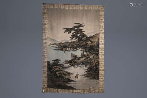 A large Japanese wall hanging tapestry with landscape design, Meiji