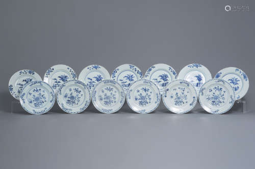 A set of seven and one of six Chinese blue and white plates, Qianlong
