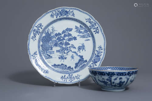 A large Chinese blue and white dish and a bowl with figures in a landscape, Qianlong