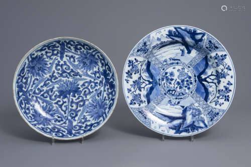 Two Chinese blue and white chargers with floral and landscape design, Kangxi