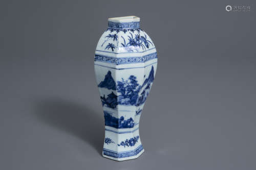 A Chinese blue and white wall vase with landscape design, Qianlong