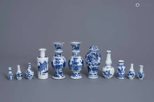 Eleven small Chinese blue and white vases, Kangxi
