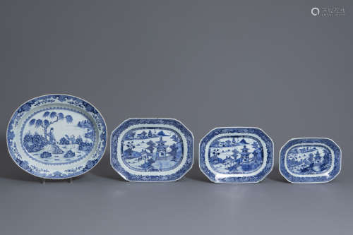 A Chinese blue and white oval dish with figures and three nesting landscape dishes, Qianlong