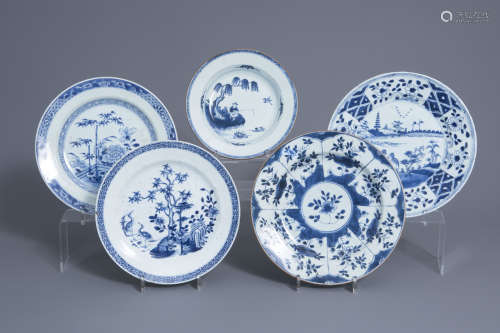 Five Chinese blue and white dishes, Kangxi/Qianlong